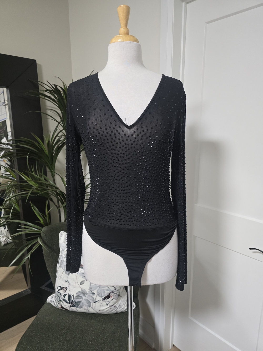 Black Long-Sleeve V-Neck Embellished Bodysuit